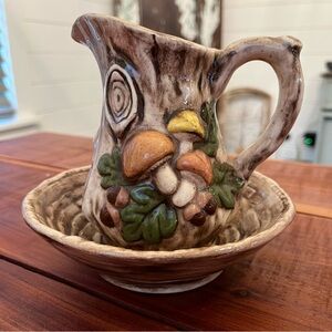 Vintage Byron Mold #708 Mushroom & Tree Bark Pitcher and Bowl Set